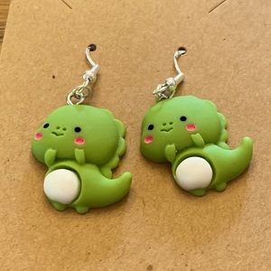 Cute green dinosaur earrings with sterling silver wires and random gift bag